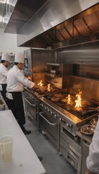 restaurant-kitchen-chefs-grilling-steaks-hurricane-utah Chefs grilling steaks inside the Touch of Tuscany Italian steakhouse kitchen in Hurricane Utah